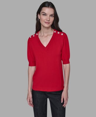 KARL LAGERFELD PARIS - Women's V-Neck Button Detail Sweater