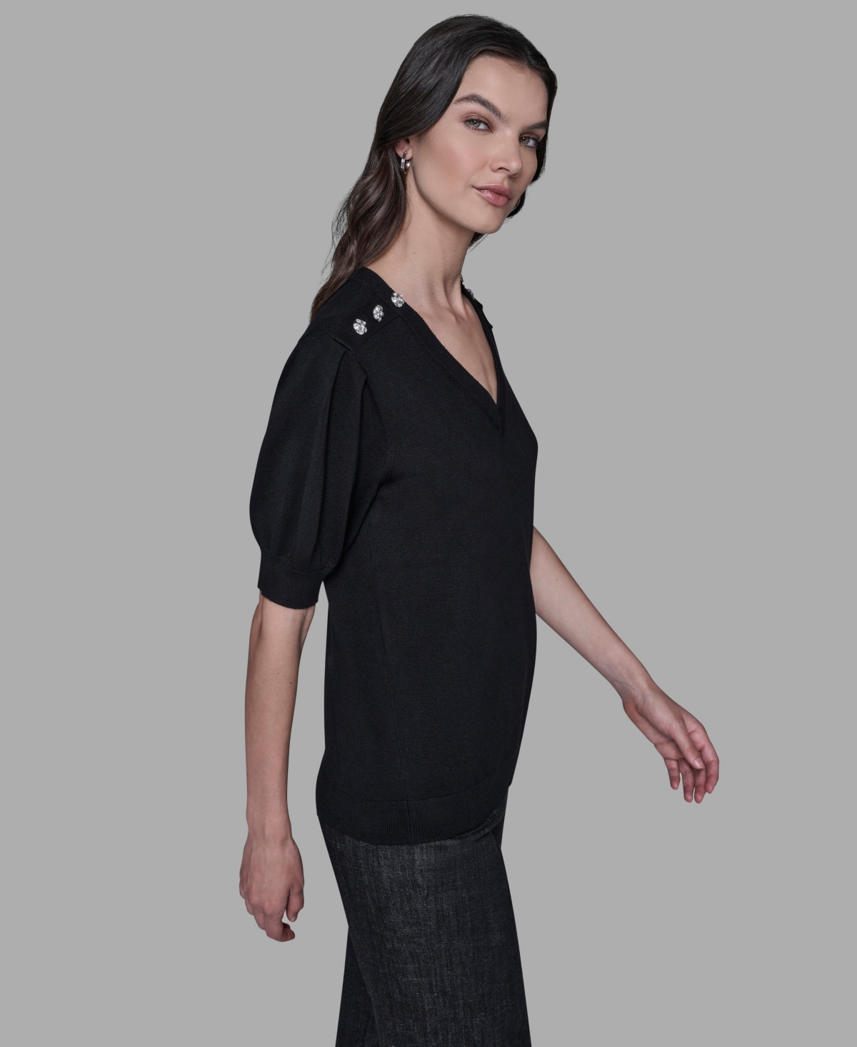 Karl Lagerfeld Women's V-neck Button Detail Sweater In Black