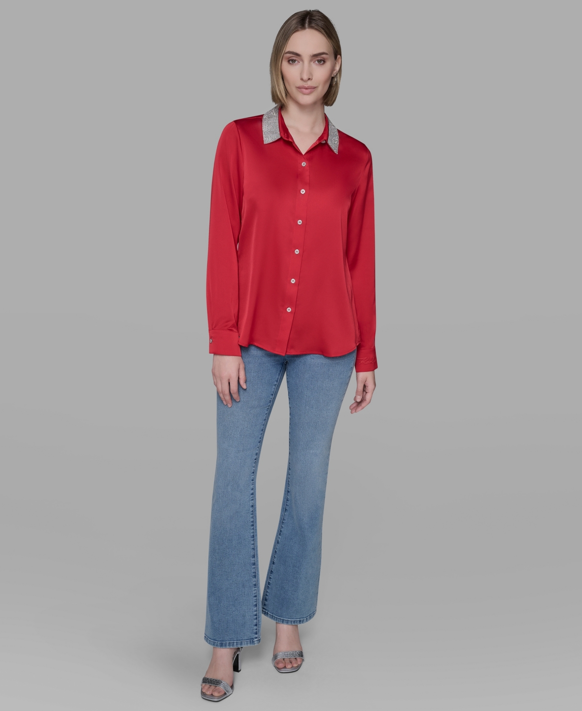 Karl Lagerfeld Plus Size Crystal Collared Neck Shirt In Animal Print