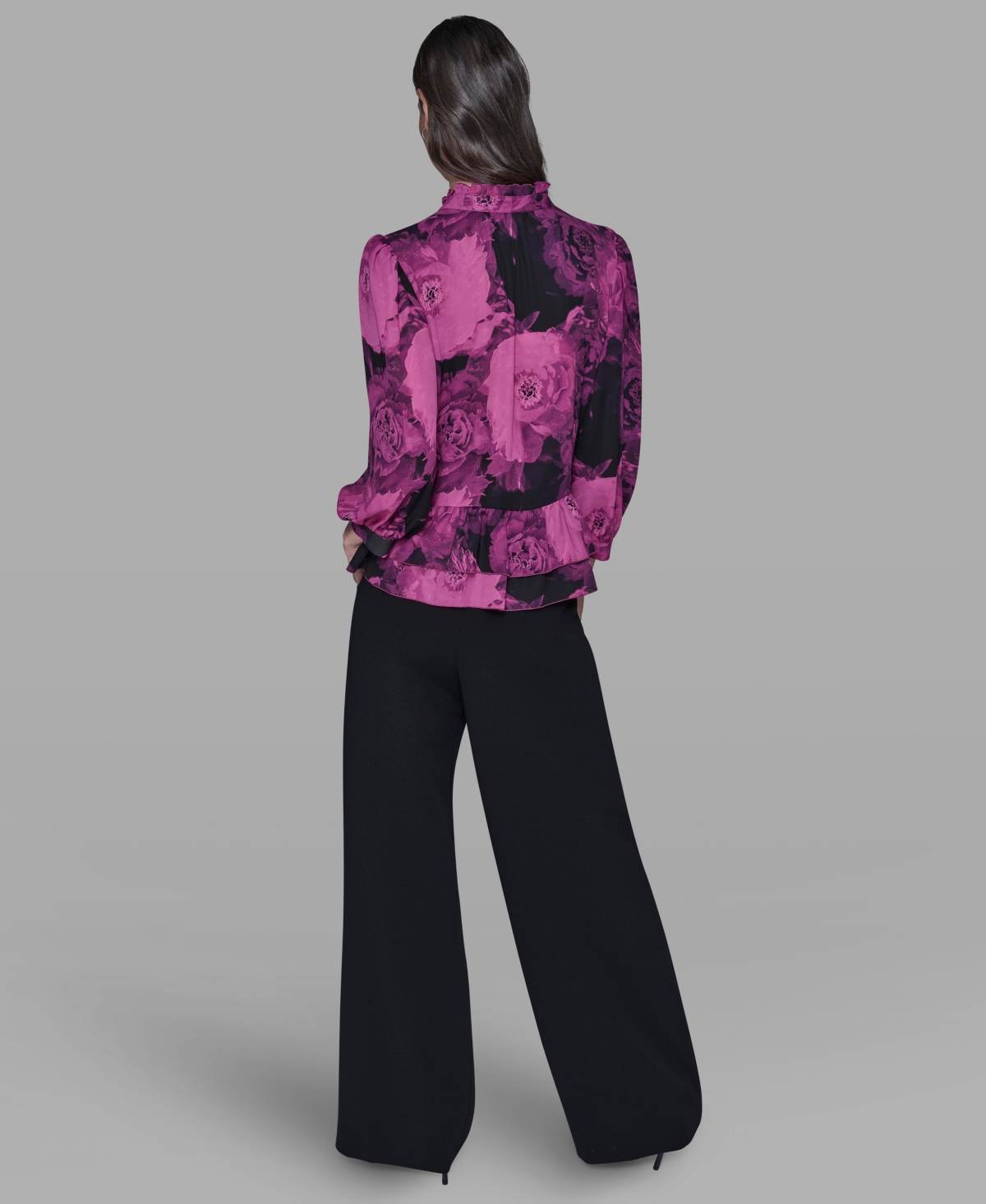 Karl Lagerfeld Paris Women's V-Neck Floral Print Ruffle Detail Top