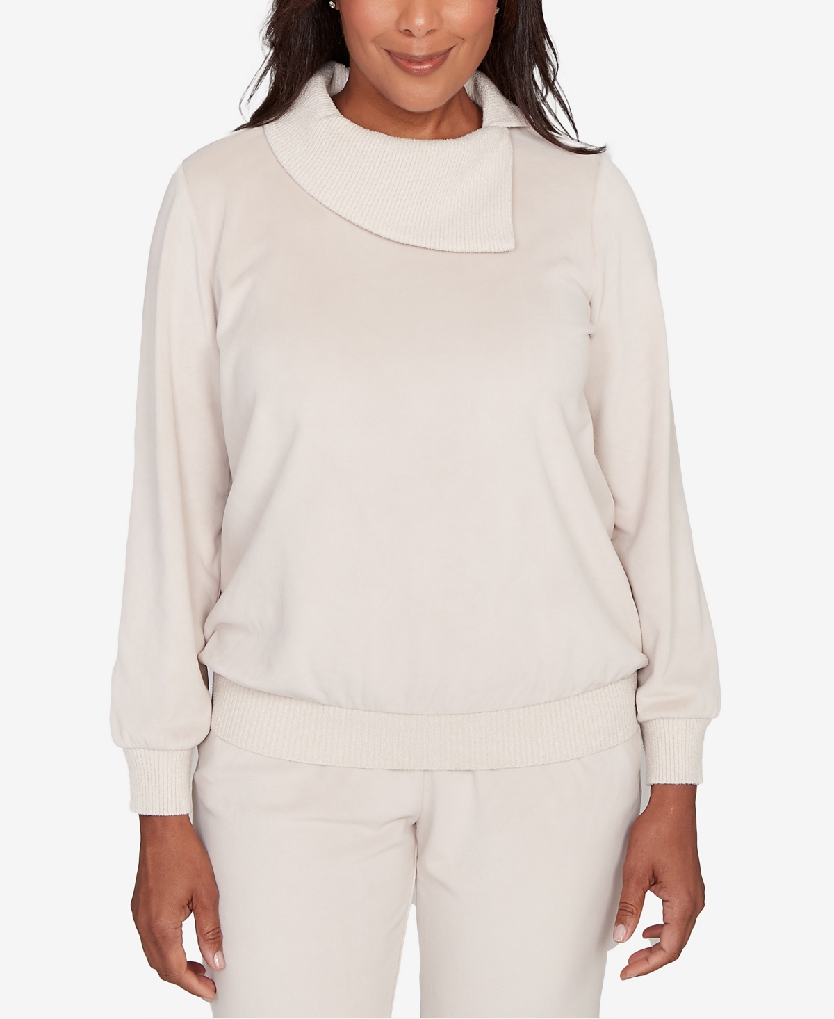 Alfred Dunner Calm Luxe Solid Shimmer Detail Envelope Neck Top In White