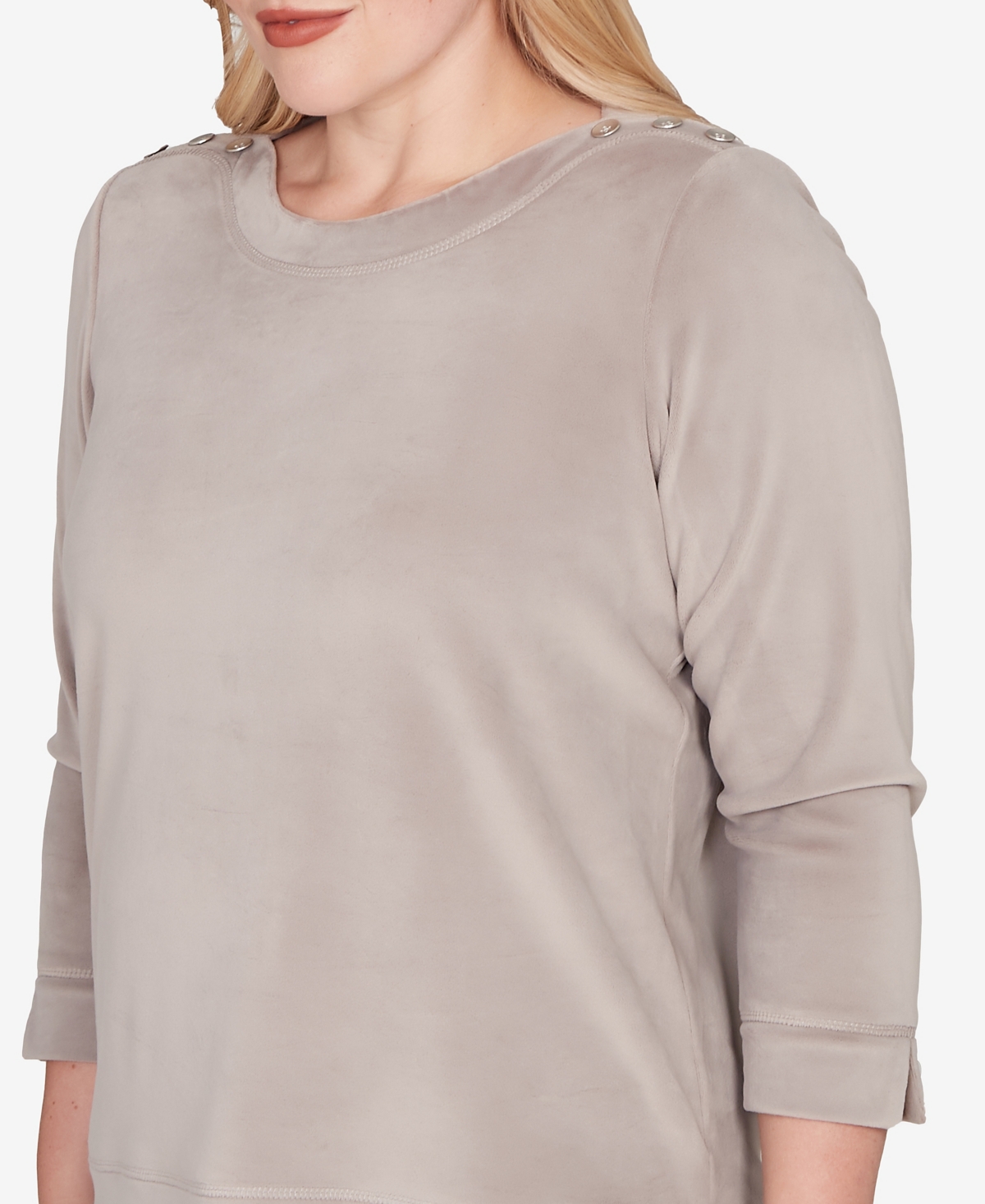 Alfred Dunner Petite Calm Luxe Shoulder Button Top In Gray