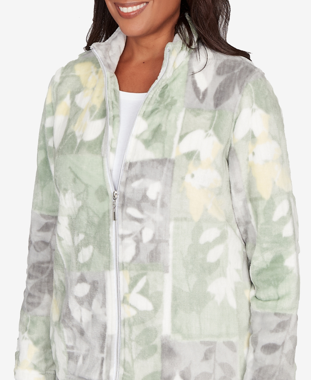 Alfred Dunner Stockbridge Leaf Patchwork Cozy Knit Jacket In Green