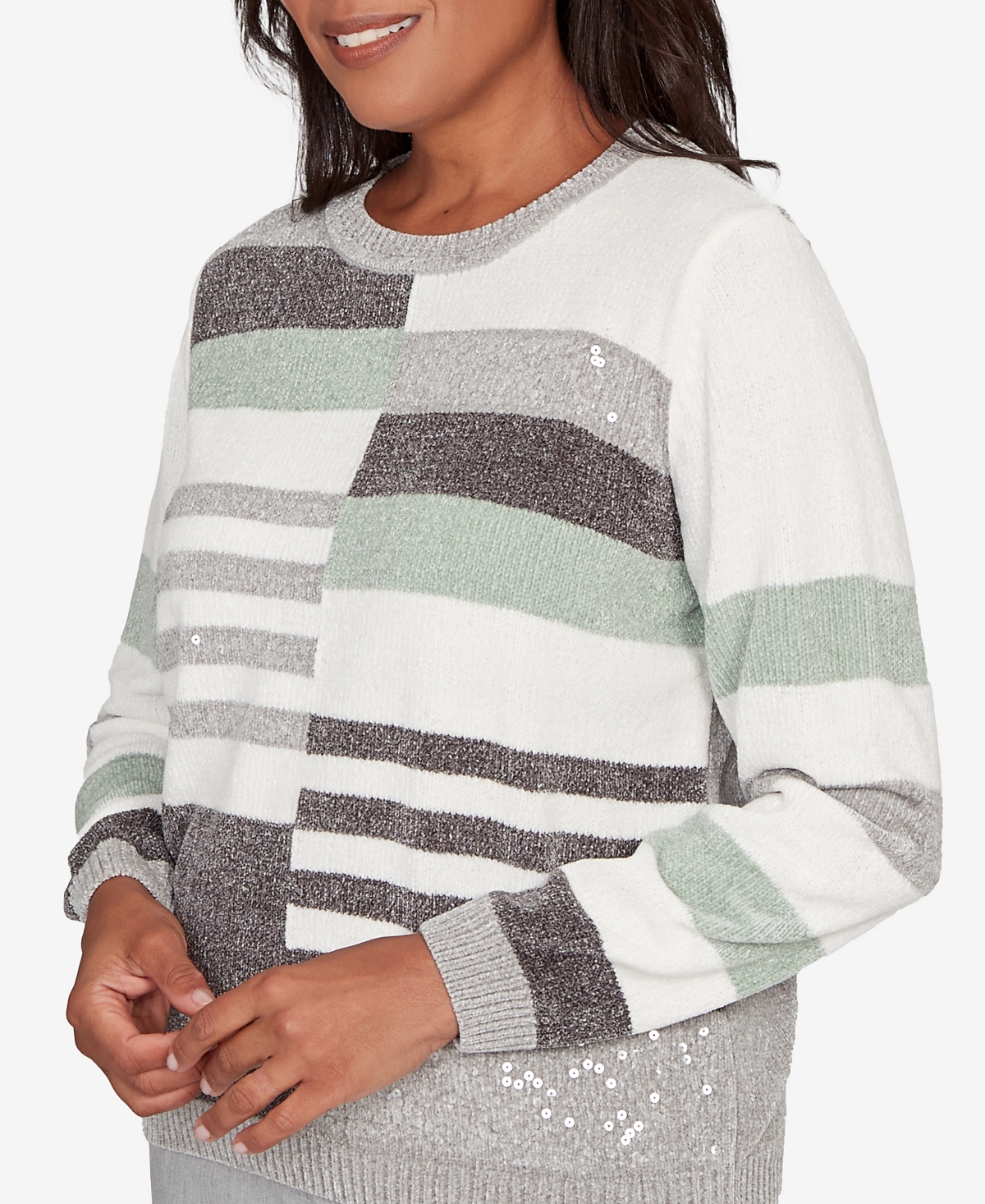 Alfred Dunner Stockbridge Stripe Sequin Colorblock Chenille Sweater In Gray