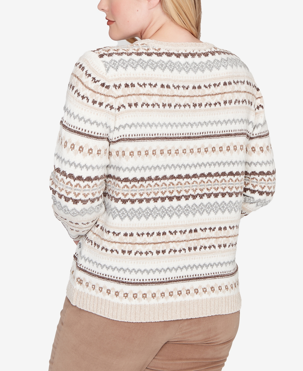 Alfred Dunner Plus Size Vienna Geometric Biadere Striped Chenille Sweater In Brown