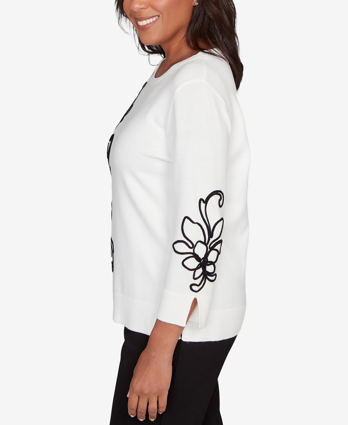 Alfred Dunner Plus Size Barcelona Floral Soutache Lightweight Sweater In White
