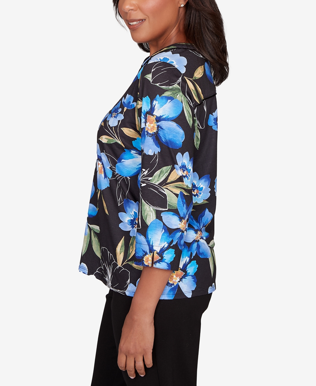 Alfred Dunner Petite Barcelona Watercolor Floral Velvet Trim Top In Black