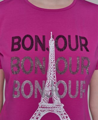 Women's Crewneck Bonjour Eiffel Tower Embellished T-Shirt