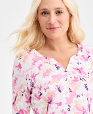 Petite Polka-Dot Henley 3/4-Sleeve T-Shirt, Macy's Exclusive