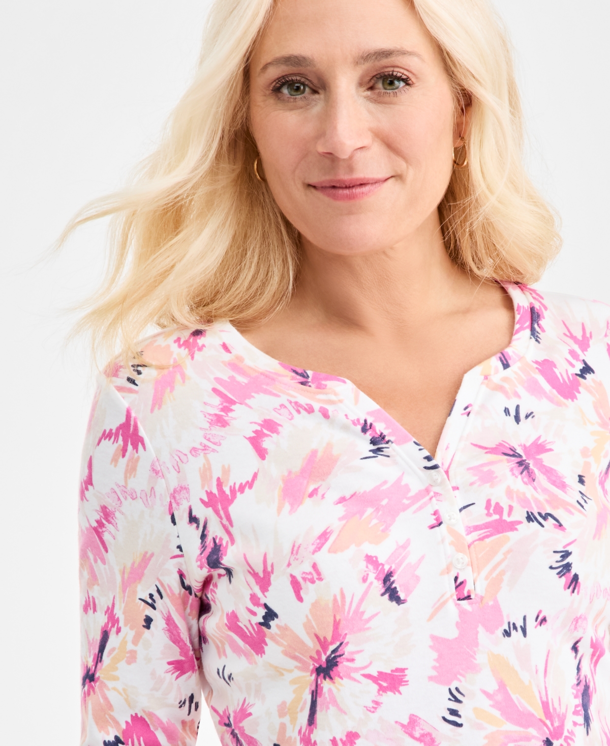 Style & Co Women's Printed 3/4-Sleeve Henley Top, Macy's Exclusive
