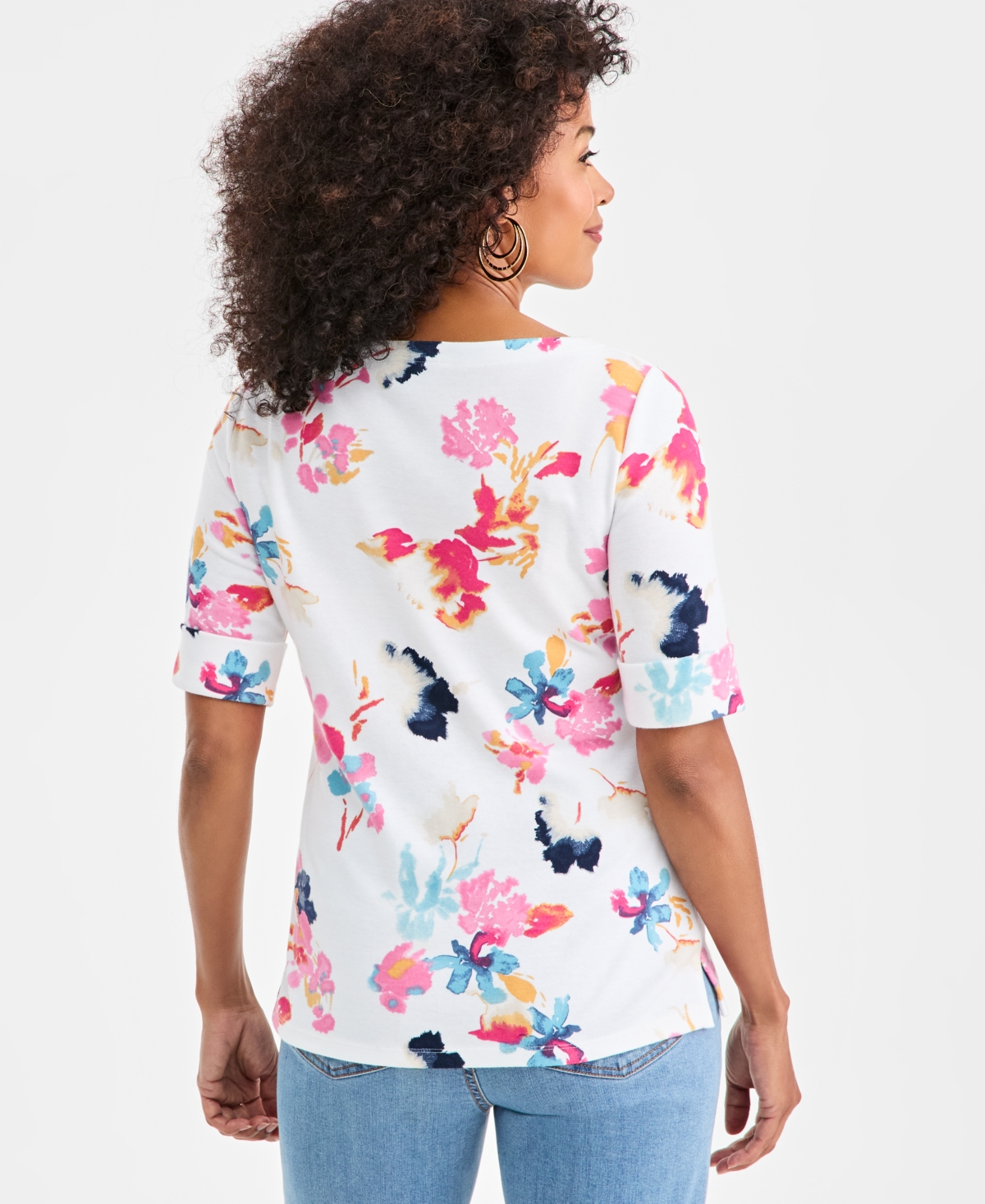 Style & Co Women's Boat-Neck Elbow Sleeve Cotton Top, Exclusively at Macy's