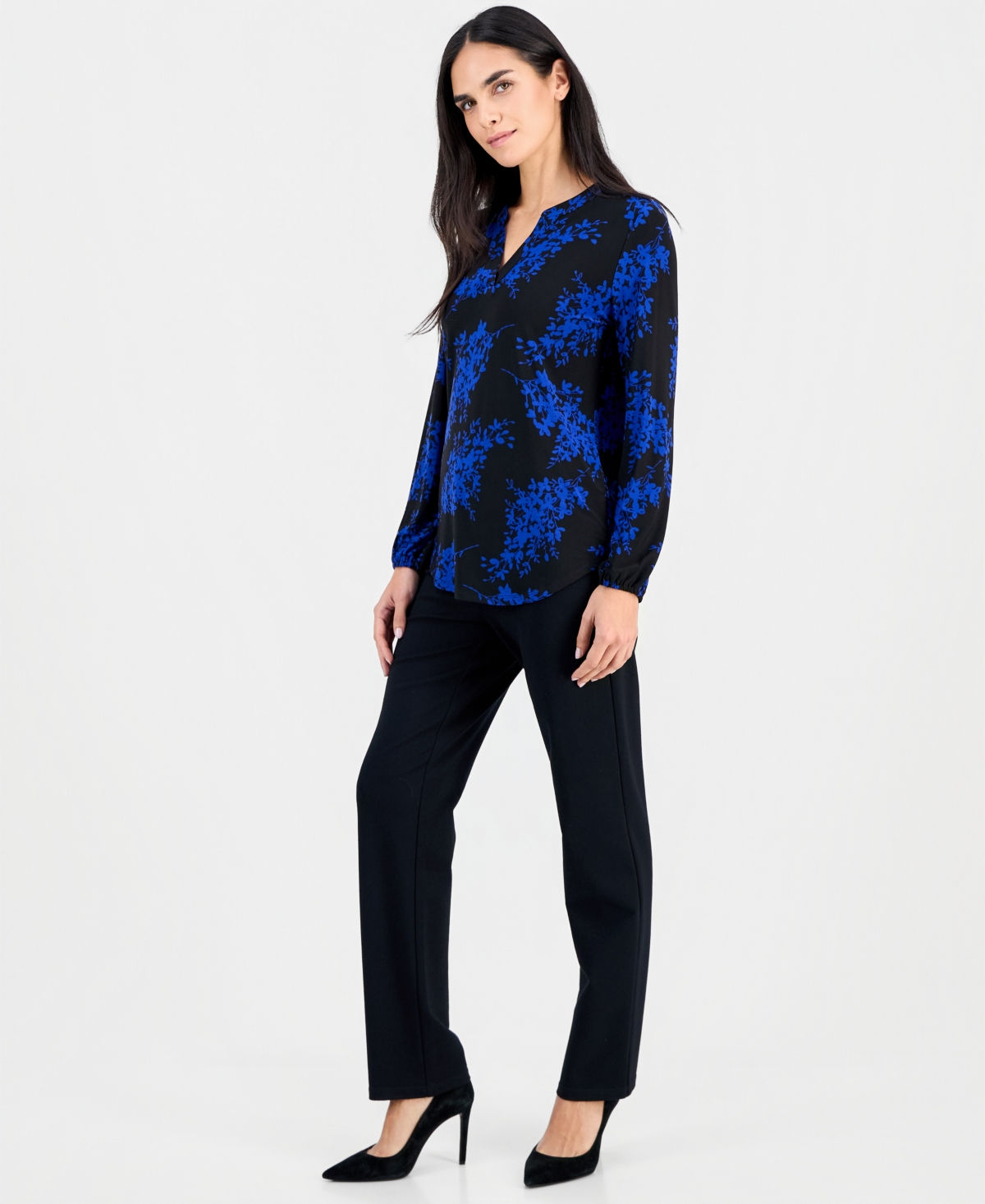 Ak Anne Klein Petite Printed Split-Neck Top