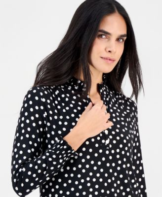 Plus Size Dot-Print Ruffe-Neck Smocked-Cuff Top