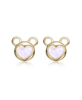 14K Gold Plated with White Mother Of Pearl or Red Enamel Bear-Eared Heart Stud Earrings For Kids