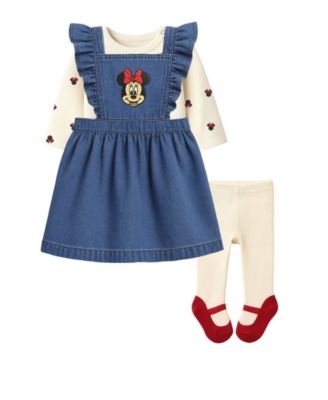 Disney - Baby Girls 3-Piece Minnie Mouse Denim Jumper, Bodysuit and Tights Set