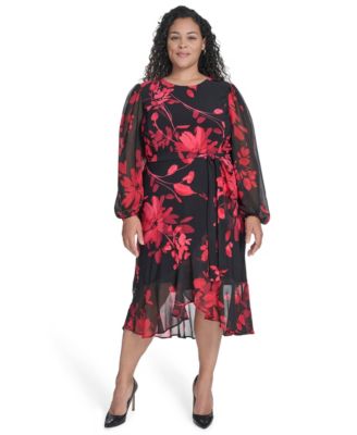Plus Size Chiffon Long-Sleeve Midi Dress