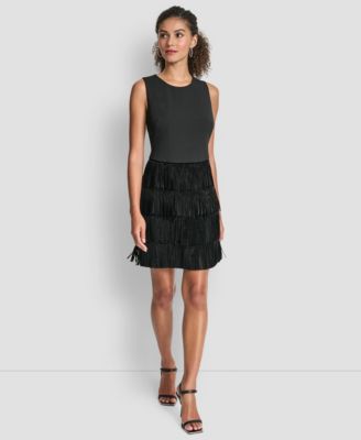 DKNY - Women's Sleeveless Tiered Studded Fringe Shift Dress