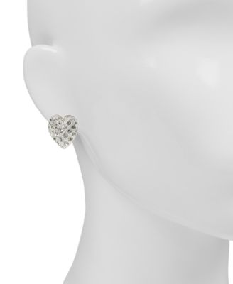 Glass Stone Worn Silver-Tone Heart Button Clip Earrings