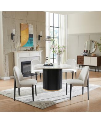 Luxury 5-Piece Faux Marble Round Dining Table with White Boucle Chairs Metal Legs Dining Room Set for Kitchen
