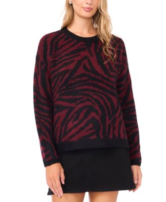 Women's Crewneck Zebra Print Jacquard Long-Sleeve Sweater