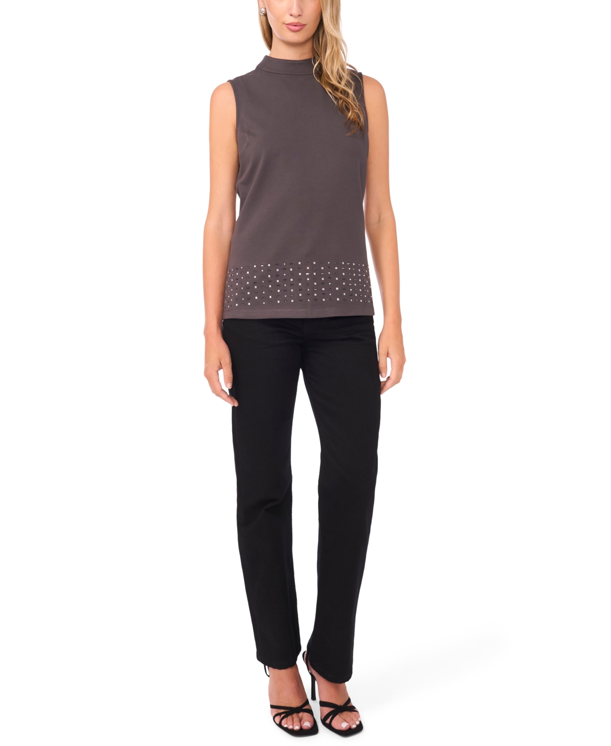 Vince Camuto Bead Detail Mock Neck Top In Brown