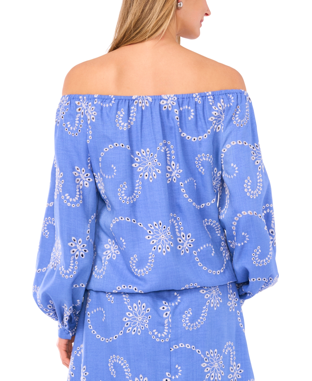 Vince Camuto Eyelet Off The Shoulder Long Sleeve Top In Blue