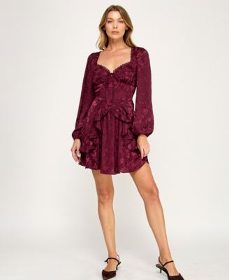 Juniors' Long Sleeve Satin Jacquard Dress