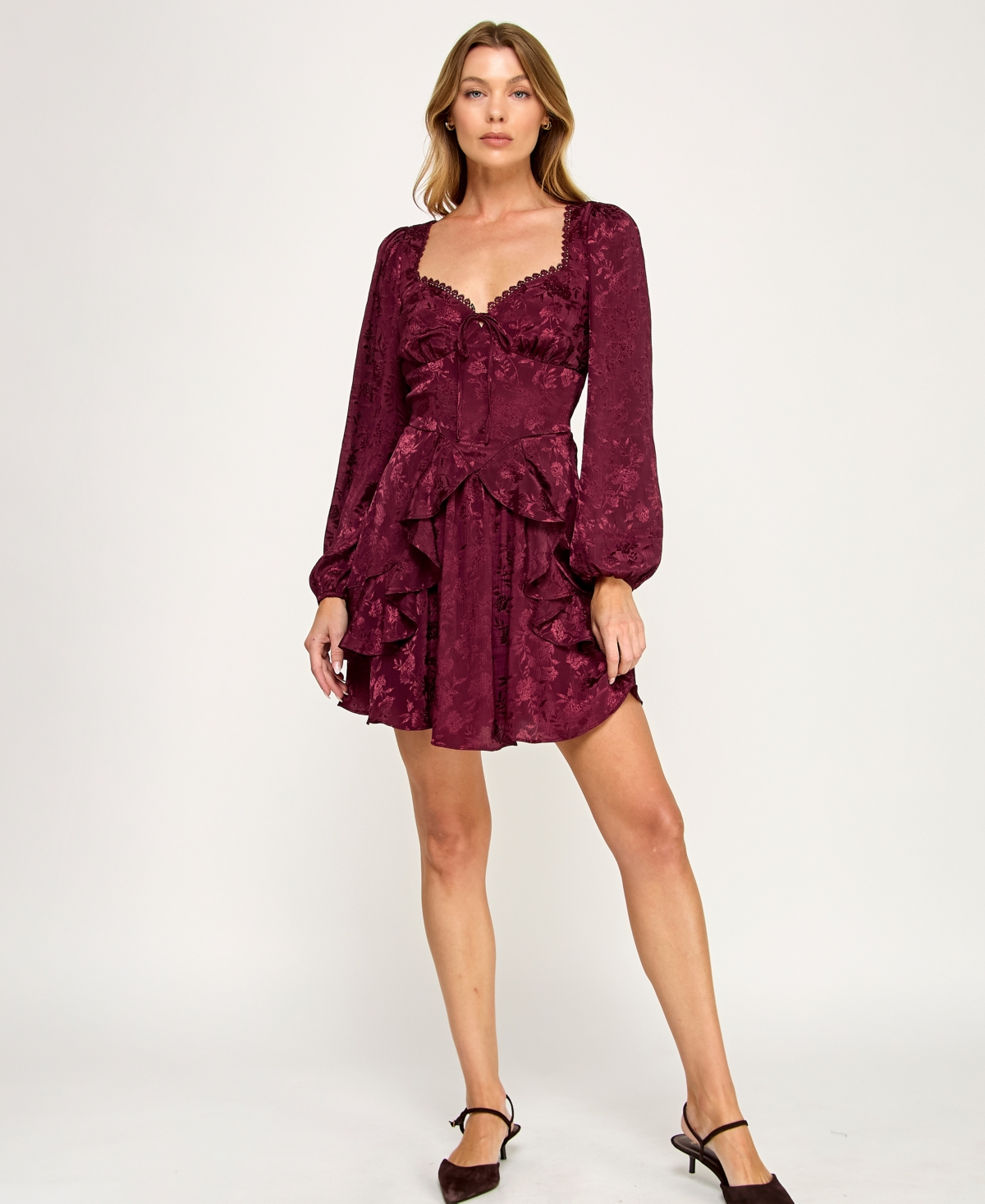 Row A Juniors' Long Sleeve Jacquard Dress In Burgundy