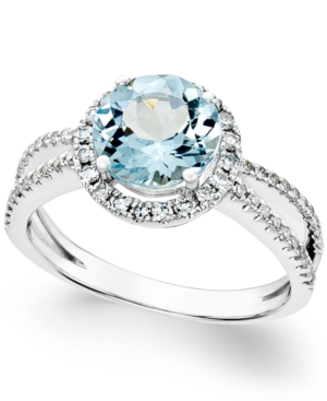 image of Aquamarine (1-1/2 ct. t.w.) and Diamond (1/3 ct. t.w.) Split Shank Ring in 14k White Gold
