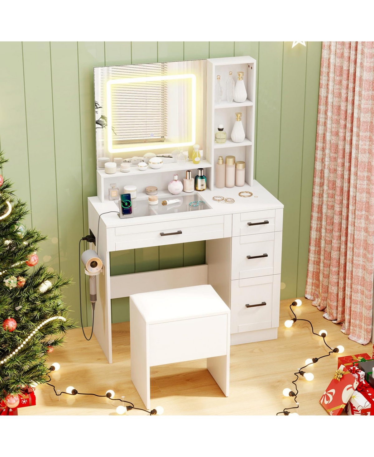 Dressing Desk with 3 Color Lighting and Hair Dryer Stand