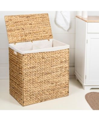 Sawyer 24" Classic Farmhouse Hand-Woven Hyacinth 2-Section Collapsible Laundry Hamper with Washable Liner