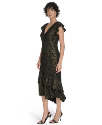 Petite Flutter Sleeve Foil Midi Dress