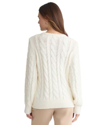 Petite Sequin Cable Crew Neck Sweater