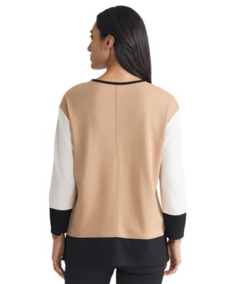 Petite Long Sleeve Crew Neck Colorblock Top