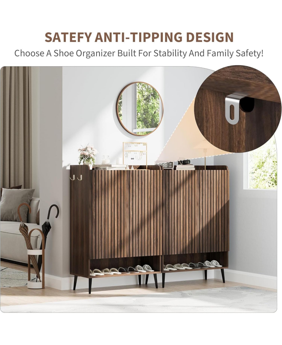 Shoe Cabinet，Large Shoe Cabinet with Doors,Adjustable Shelves, Shoe Organizer with Doors for Hallway, Entryway, Living Room,Nut-Brown