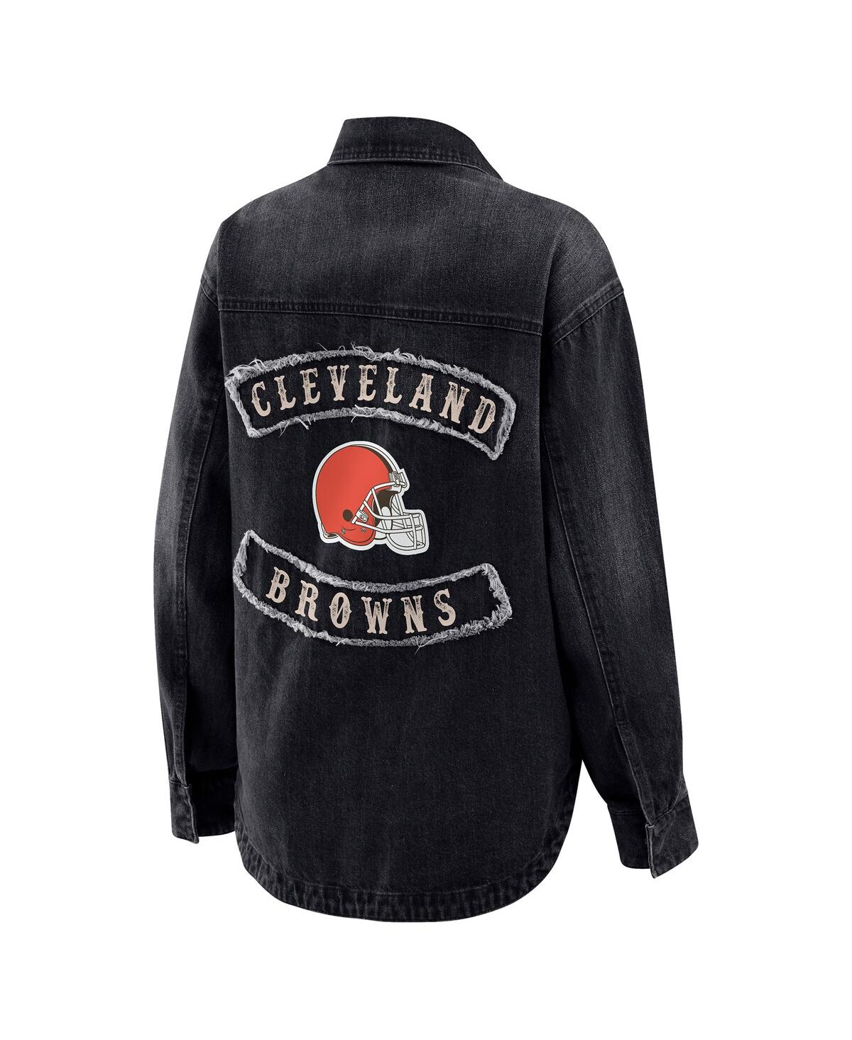 Wear By Erin Andrews Women's Black Cleveland Browns Washed Oversized Denim Full-snap Shacket In Black