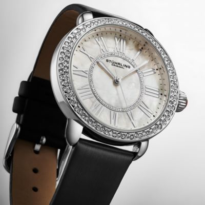 Elegant Women s 40mm Dress Watch – Model 4068, Black Satin Leather Band, Crystal Accents