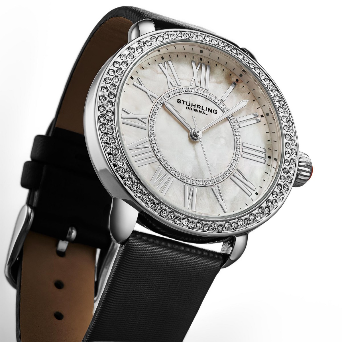 Женские часы Stuhrling Elegant 40мм на чёрном атласном ремешке с кристаллами модель 4068 — фото 6