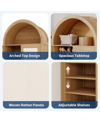 5 Tier Arched Shoe Storage Cabinet with Rattan Doors, Farmhouse Freestanding Shoe Rack Cabinet with Adjustable Shelves for Entryway, Natural Wood