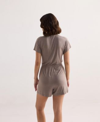 Women's V neck Drawstring Knit Romper in Dusty brown