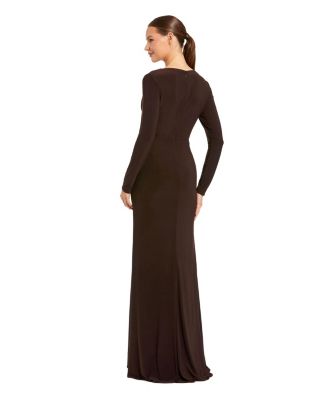 Women's Faux Wrap Long Sleeve Evening Gown with Appliqu&eacute; Detail