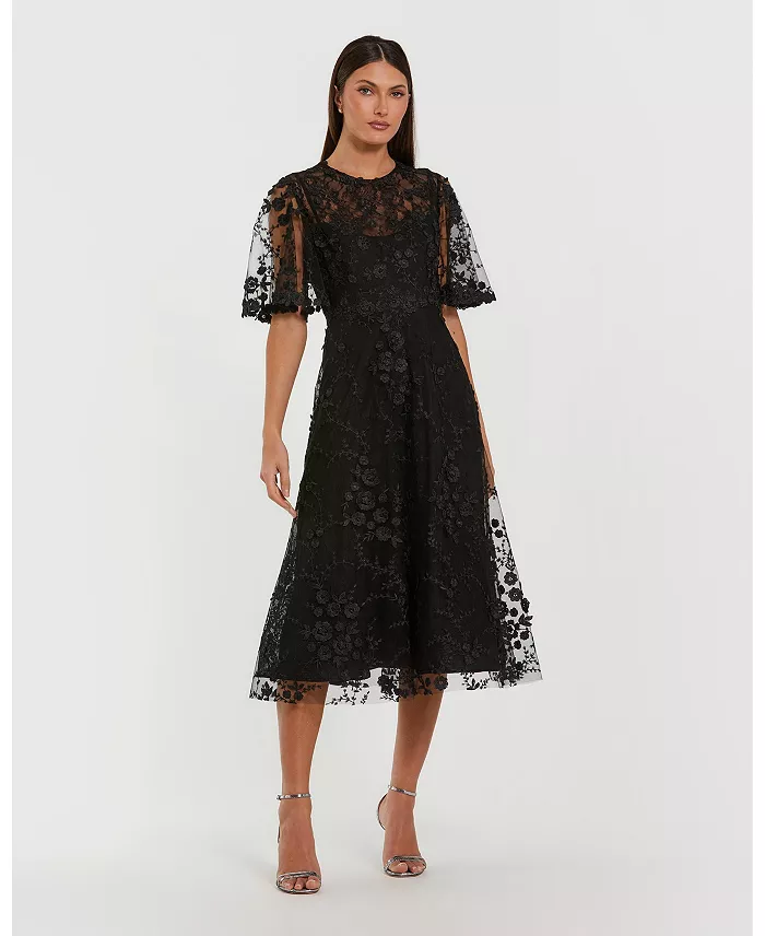 Women's Flutter Sleeve Embroidered Midi Dress - thumbnail 3