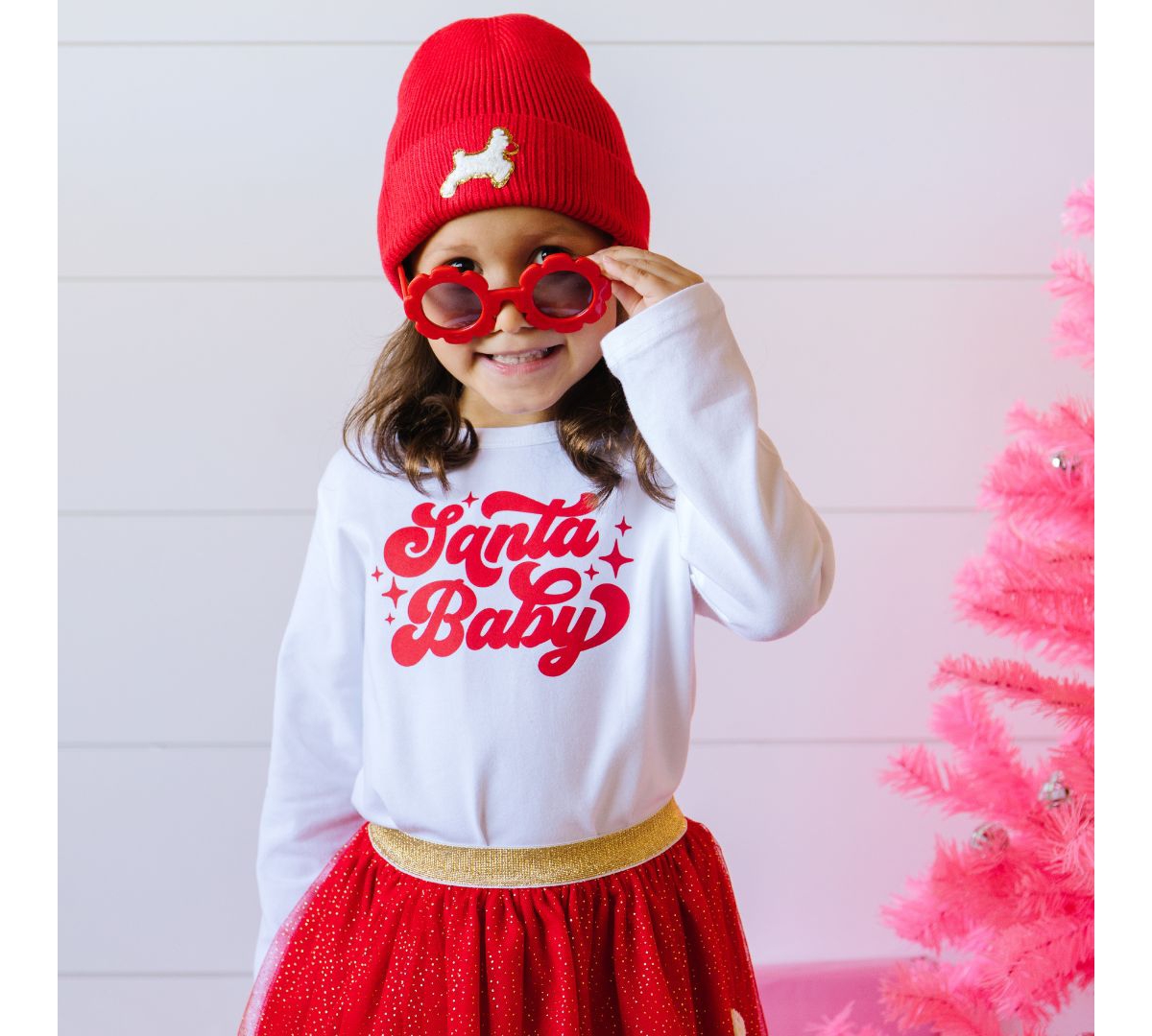 Sweet Wink Little Girls Santa Red Christmas Long Sleeve Shirt