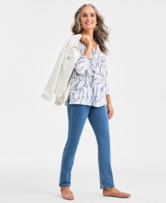 Petite Split Neck Pintuck Fern Leaves Top, Macy's Exclusive