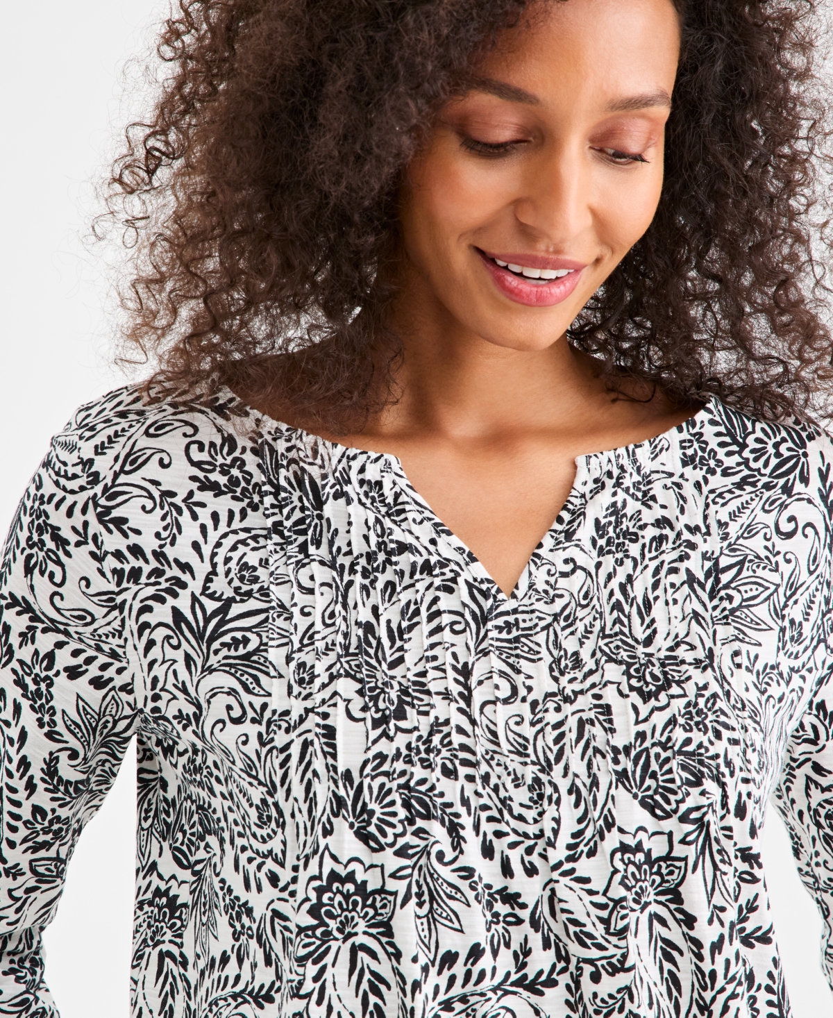 Style & Co Women's Printed Split-Neck Pintucked Knit Top, Macy's Exclusive