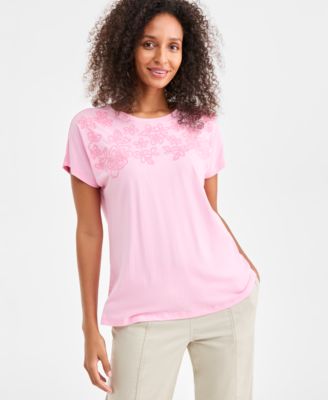 Style & Co - Women's Soutache-Trim Short-Sleeve Knit T-Shirt