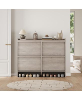 Shoe Cabinet with 4 Flip Drawers, Wooden Shoe Organizer with Adjustable Shelf, Shoe Storage for Entryway, Grey