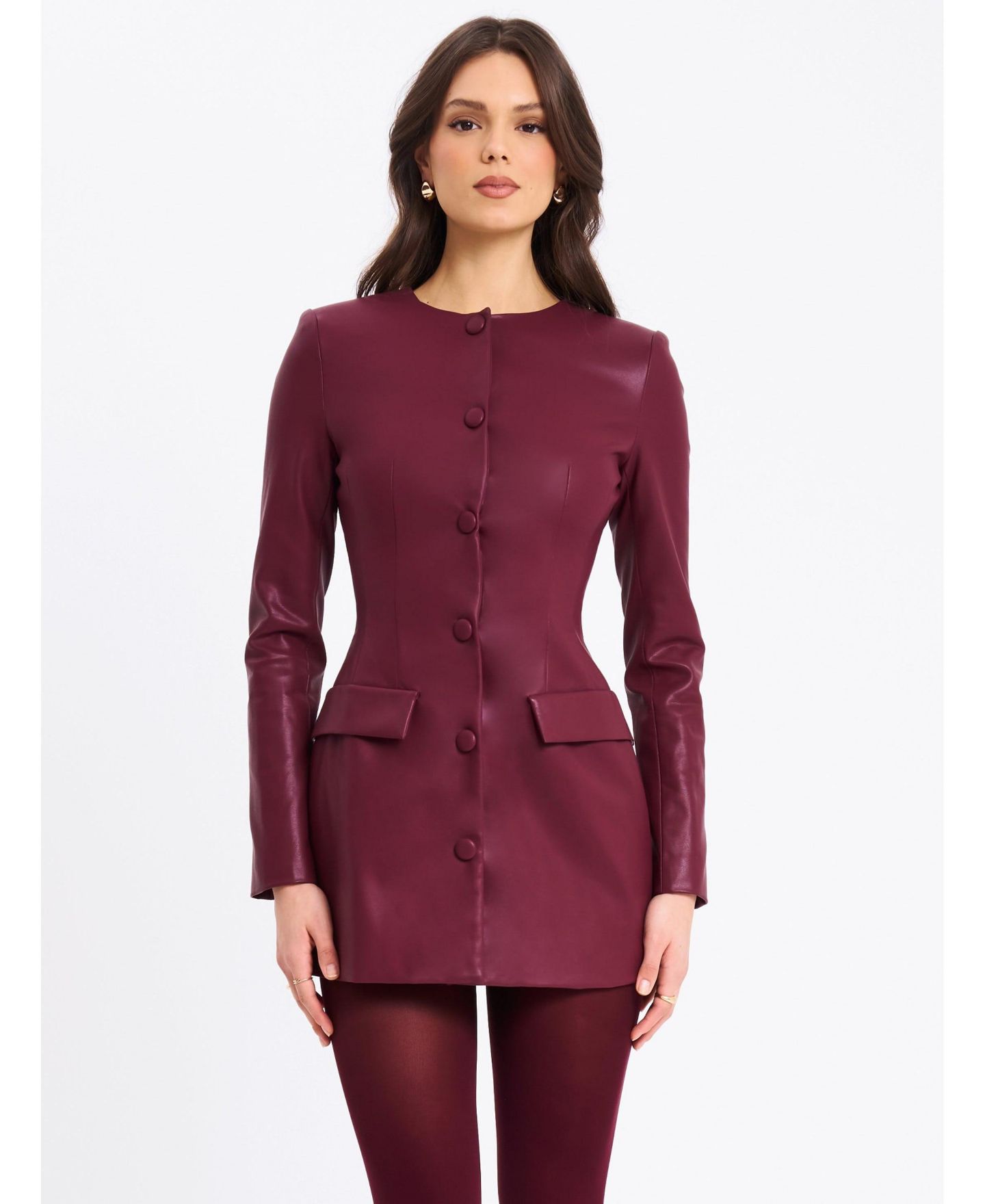 Женское платье Miss Circle Women Baila Burgundy Faux Leather Blazer Mini, цвет: Тёмный бордовый — фото 1