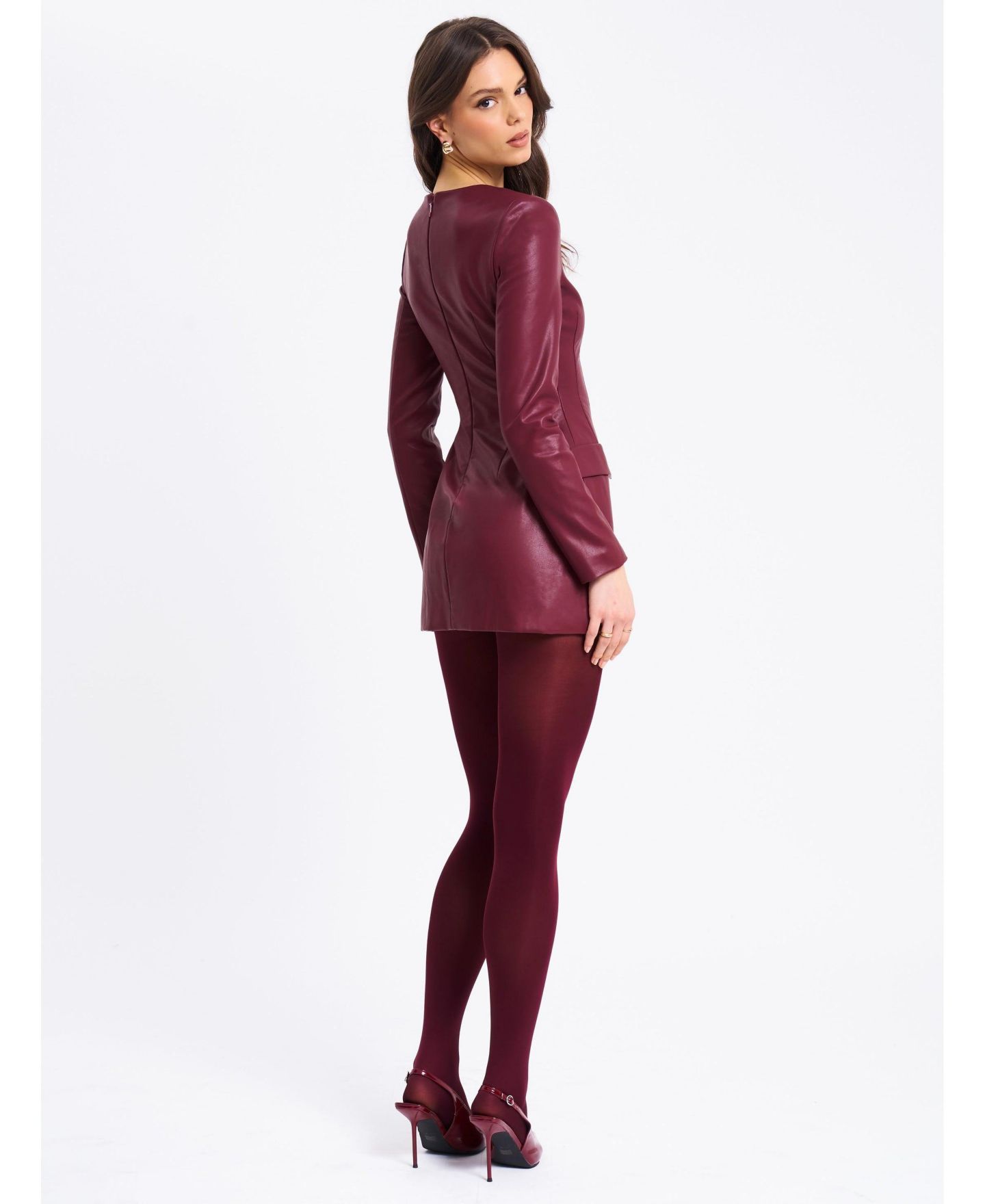 Женское платье Miss Circle Women Baila Burgundy Faux Leather Blazer Mini, цвет: Тёмный бордовый — фото 9