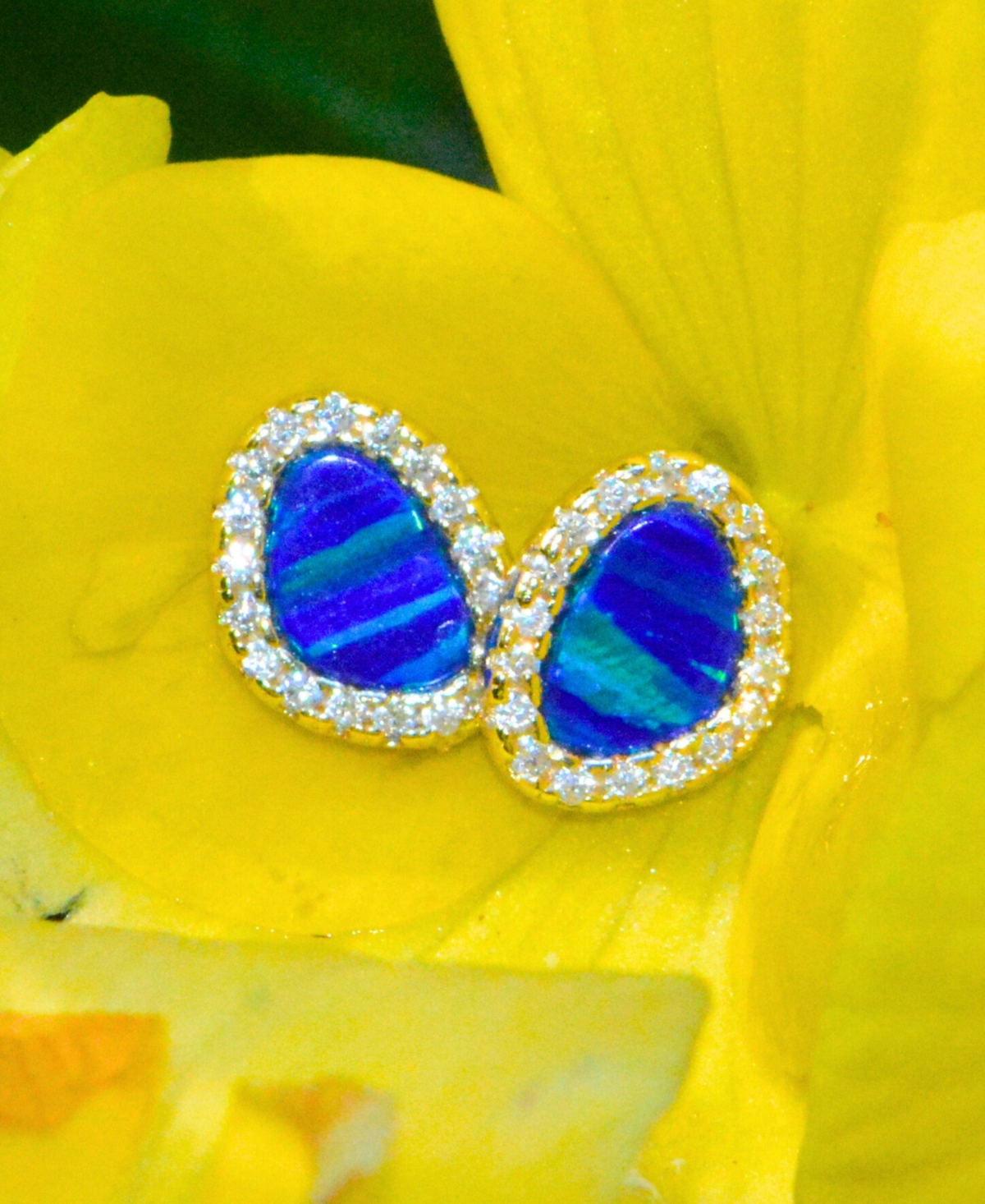 Kamaria Pebble Stud Earrings With Lab-grown Opal In 14k Gold Plated Sterling Silver In Blue